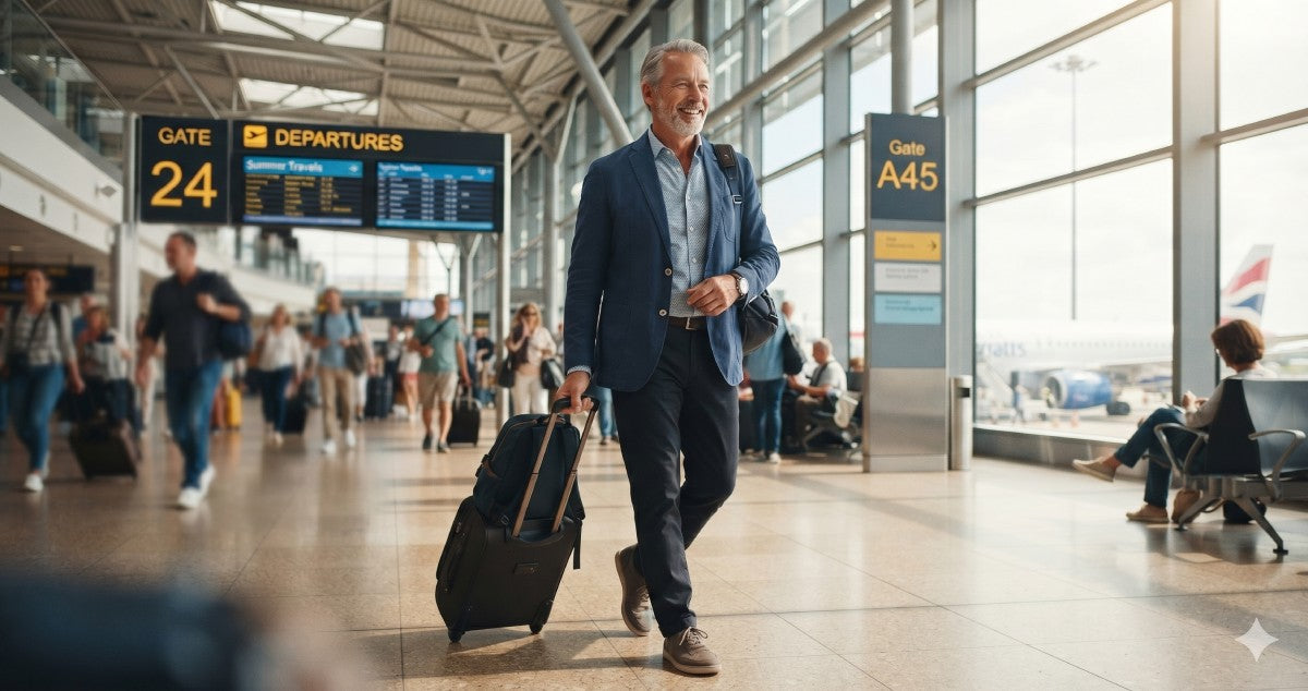 Older man with luggage at an airport, smiling and confident — managing incontinence while traveling this summer