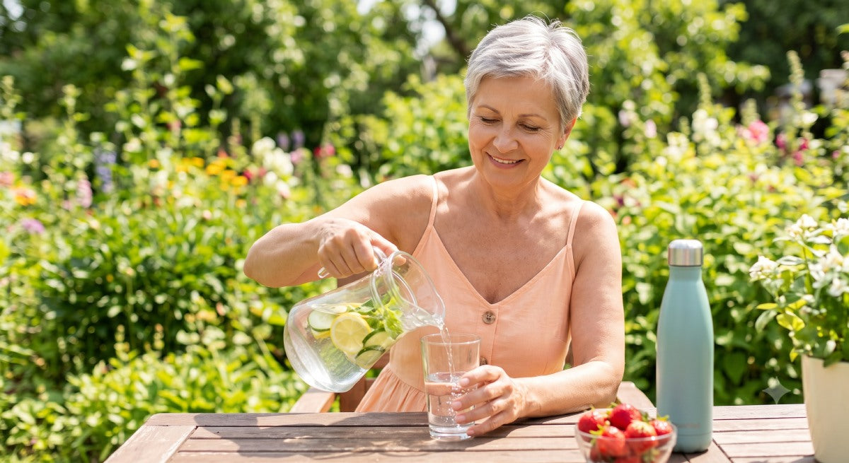 Older man staying hydrated outdoors in summer to protect his bladder health