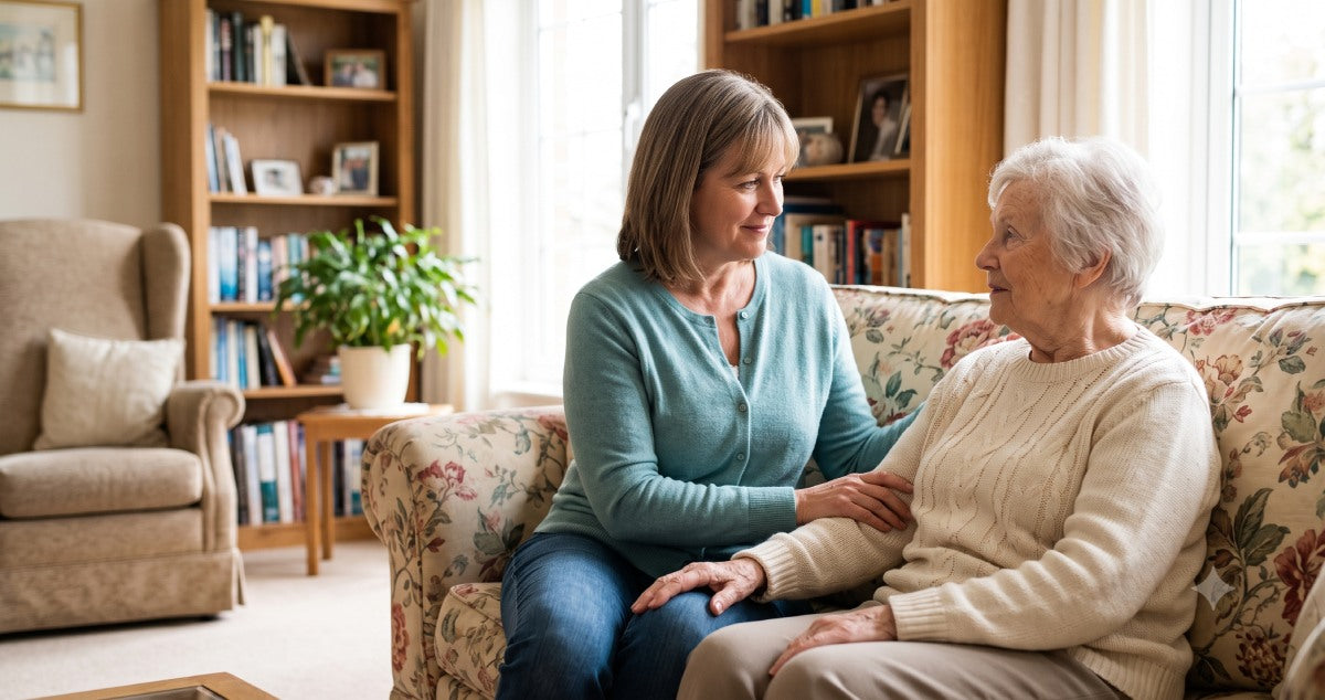 Adult caregiver supporting an older parent with limited mobility incontinence care at home