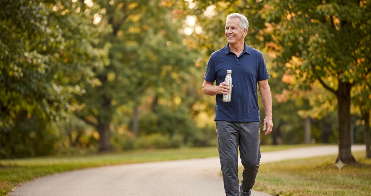 Older man enjoying a healthy late-summer routine during National Wellness Month